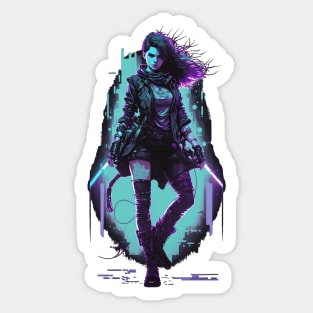 Cyberpunk Girl On Blue Neon Background Sticker